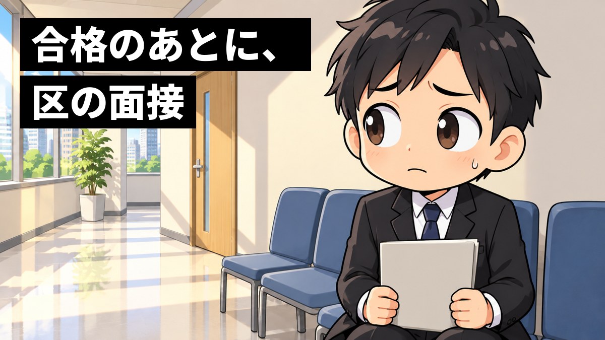 区役所の廊下の待合の椅子で、就活スーツの男子大学生が、面接の順番を待ちながら不安そうに眉を下げ、ひざの上で手を握りしめている。「合格のあとに、区の面接」の文字。