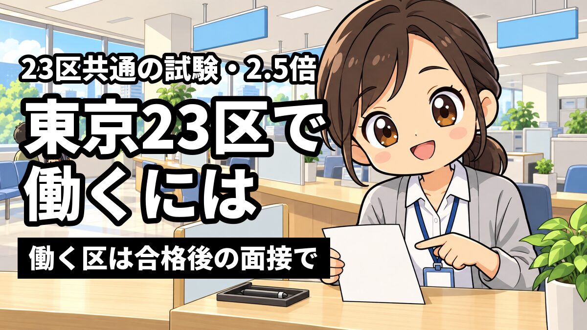 区役所の明るい窓口のカウンターで、名札を下げた若い女性職員が、書類を手にやさしく笑って区民の話を聞いている。「東京23区で働くには」「働く区は合格後の面接で」の文字。
