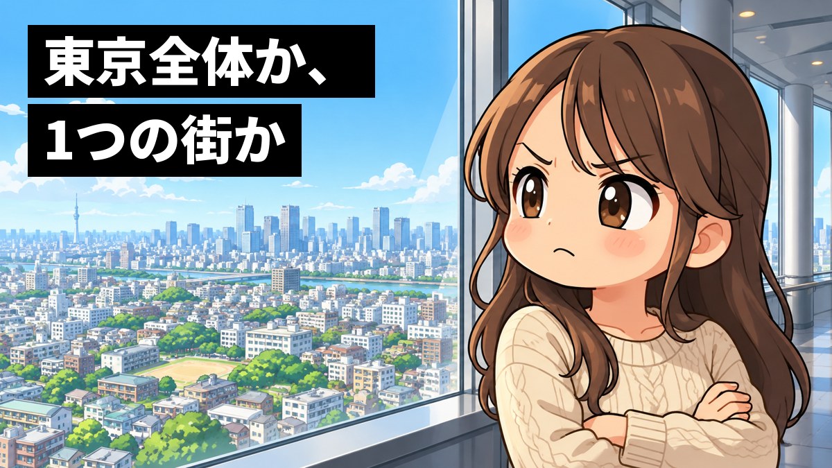 高い展望台の窓辺で、私服の女子大学生が、遠くの高層ビル群と足もとの住宅街を見比べながら、腕を組んで眉間にしわを寄せ、むっと考え込んでいる。「東京全体か、1つの街か」の文字。