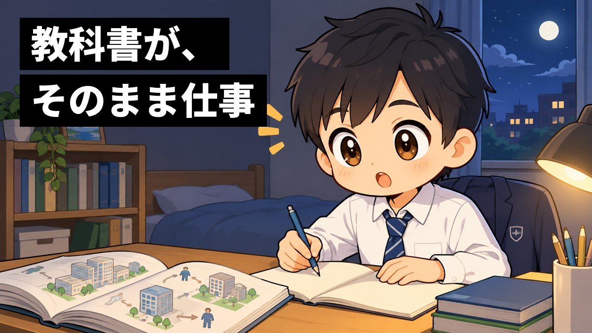 夜の自分の部屋の机で、制服の男子中学生が、社会の教科書を開いて没頭し、ひらめいた顔でノートに書き込んでいる。「教科書が、そのまま仕事」の文字。