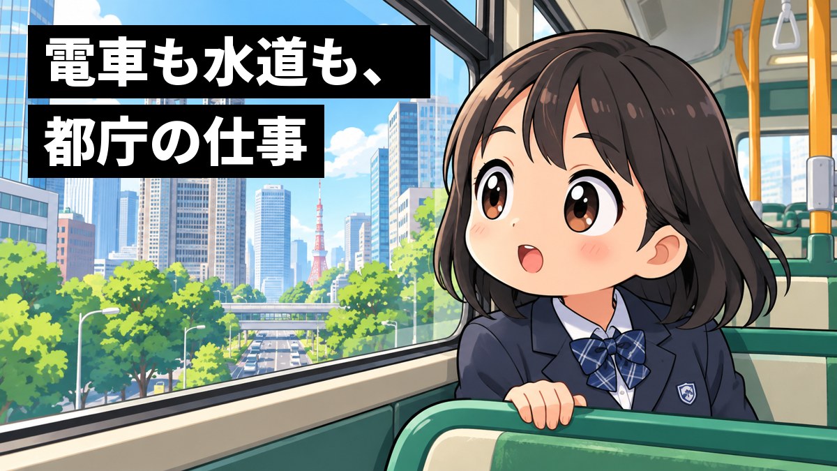 東京の路線バスの座席で、制服の女子中学生が窓の外の高いビル街を見て、目を丸くしてわくわくしている。「電車も水道も、都庁の仕事」の文字。