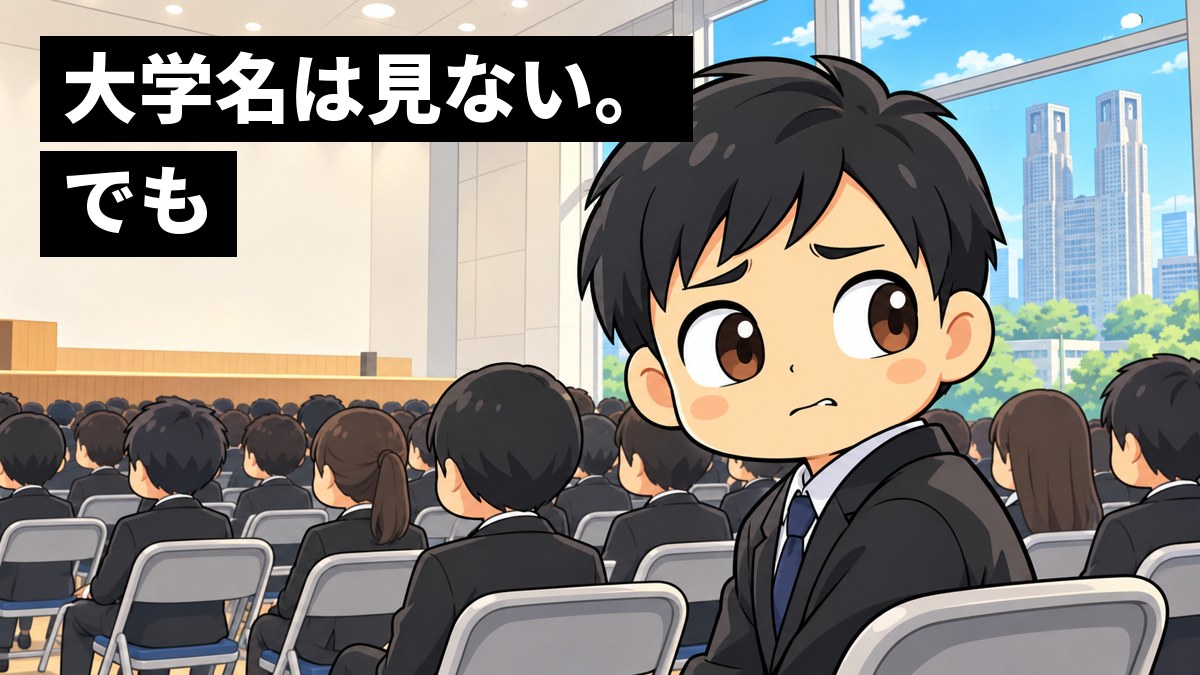 大きな説明会の会場で、就活スーツの男子大学生が、まわりに並ぶたくさんのスーツの学生を見回し、唇をかんで考え込んでいる。「大学名は見ない。でも」の文字。