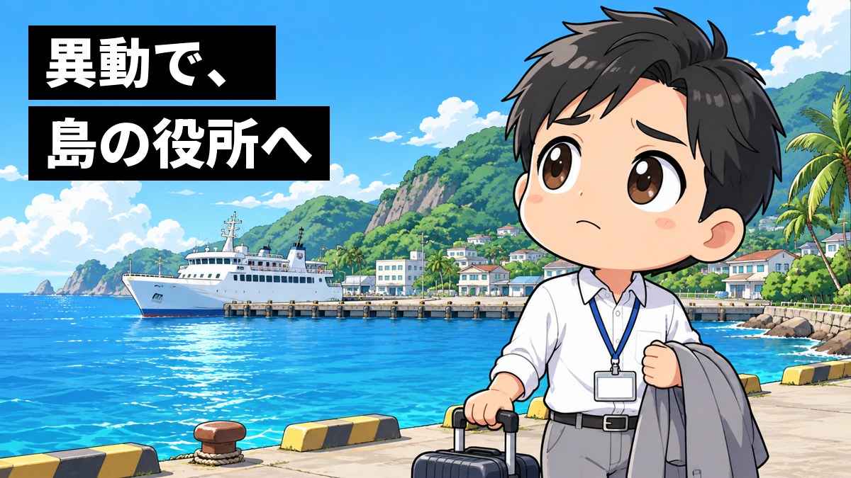 南の島の港で、スーツケースを引いたスーツ姿の若い男性職員が、大きな船を背に、少し心細そうに眉を下げて島の町を見上げている。「異動で、島の役所へ」の文字。