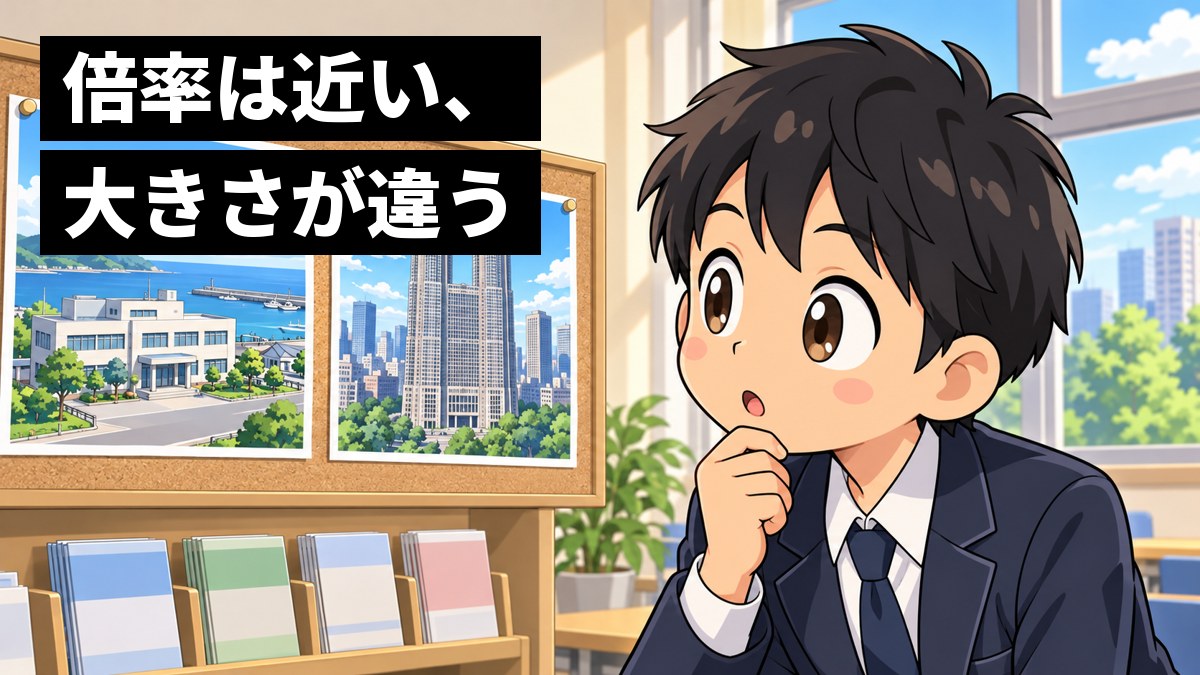 高校の進路指導室で、ブレザーの男子高校生が、壁に並んだ海辺の小さな役所と大きな高層ビルの写真を見比べ、あごに手を当てて目を見開いている。「倍率は近い、大きさが違う」の文字。