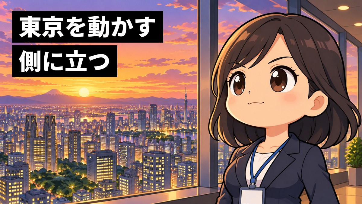 高層ビルの展望室の大きな窓の前で、名札を下げたスーツ姿の若い女性職員が、夕暮れの東京の街並みを見下ろし、胸を張って遠くを見すえている。「東京を動かす側に立つ」の文字。