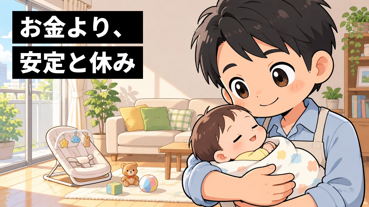 明るいマンションのリビングで、エプロン姿の若い父親が、腕の中の赤ちゃんを見つめてやさしくほほえんでいる。「お金より、安定と休み」の文字。