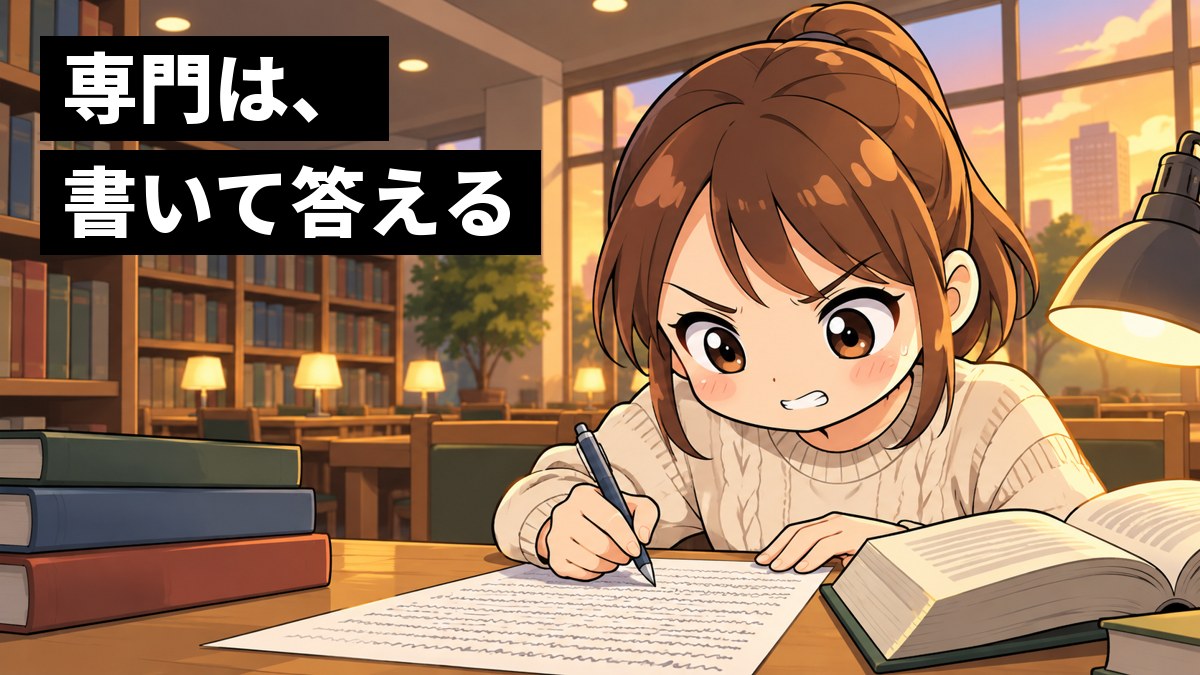大学の図書館の机で、私服の女子大学生が、分厚い本を横に開き、眉を寄せて歯を食いしばりながら答案用紙にびっしり書き込んでいる。「専門は、書いて答える」の文字。
