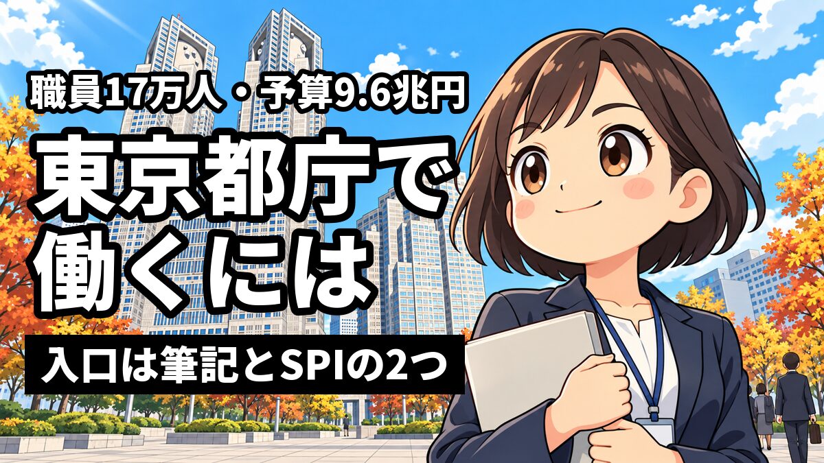 新宿の東京都庁舎のツインタワーを背に、名札を下げたスーツ姿の若い女性職員が、書類を胸に抱えて決意の表情で前を見ている。「東京都庁で働くには」「入口は筆記とSPIの2つ」の文字。
