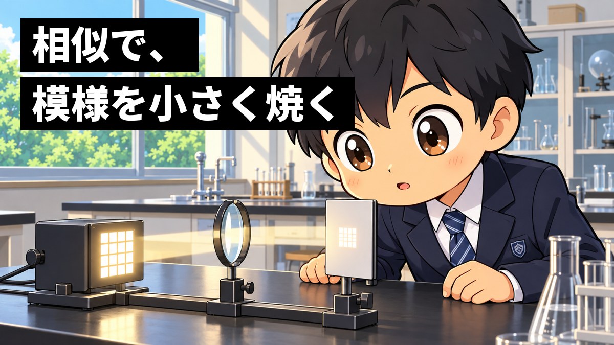 中学校の理科室で、制服の男子中学生が、凸レンズを通った光が白い紙に格子の模様を小さく映すのを、夢中になってのぞきこんでいる。「相似で、模様を小さく焼く」の文字。