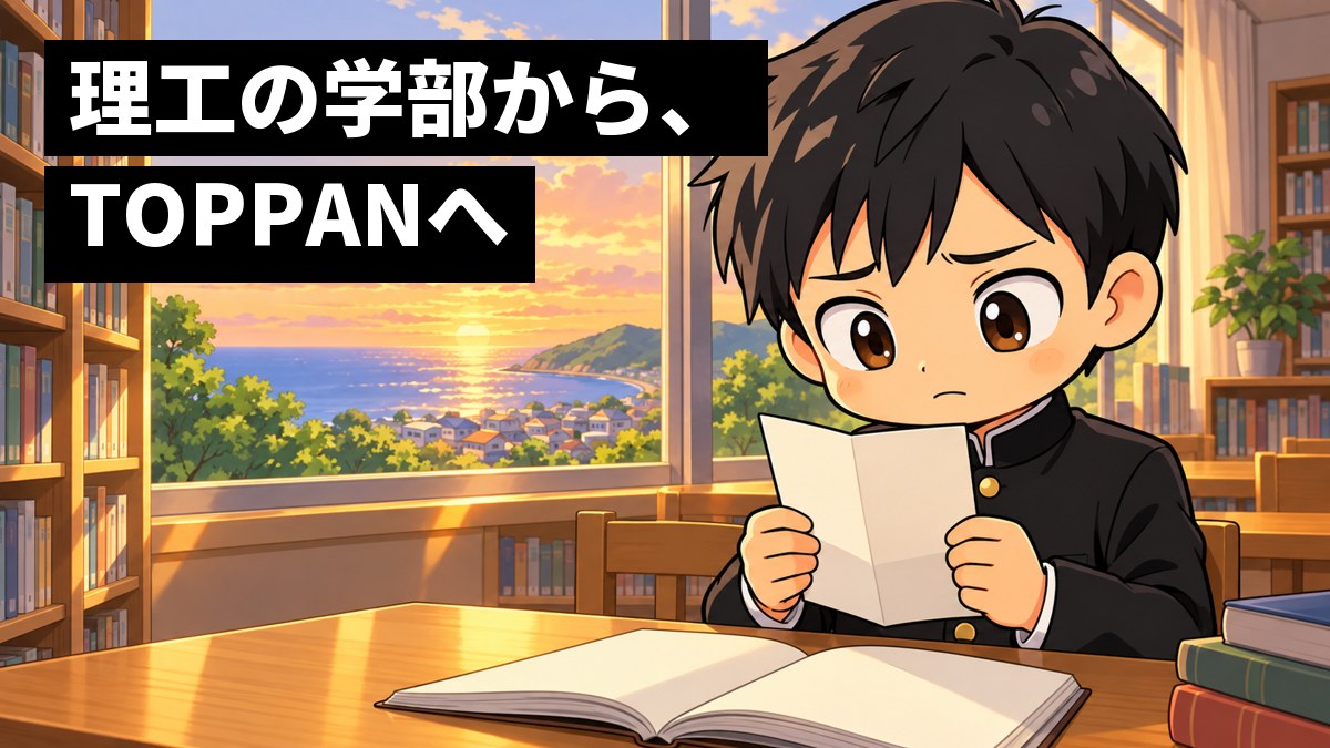 夕方の高校の図書室の窓辺で、学ランの男子高校生が成績表を両手で持ち、少し不安げに眉を下げて見つめている。「理工の学部から、TOPPANへ」の文字。
