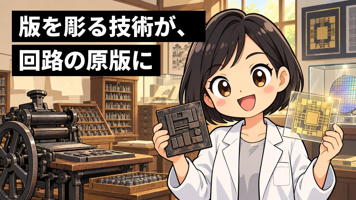 古い活版印刷機が置かれた資料室で、白衣の若い女性の技術者が、片手に古い金属の印刷の版、片手に細かい模様が光るガラスの回路の原版を持って見比べ、ひらめいたようにうれしそうに笑っている。「版を彫る技術が、回路の原版に」の文字。