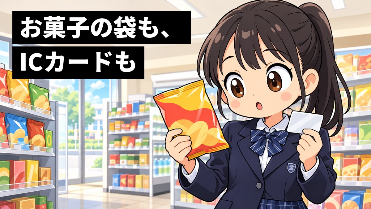 コンビニのお菓子の棚の前で、制服の女子中学生が、片手にお菓子の袋、片手にICカードを持って見比べ、目を丸くして驚いている。「お菓子の袋も、ICカードも」の文字。