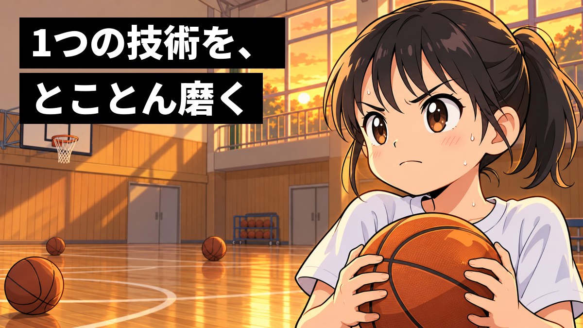 夕方の中学校の体育館で、練習着の女子中学生が、うまくいかなかった基本の動きを思い返し、悔しさをこらえてバスケットボールを握りしめている。「1つの技術を、とことん磨く」の文字。