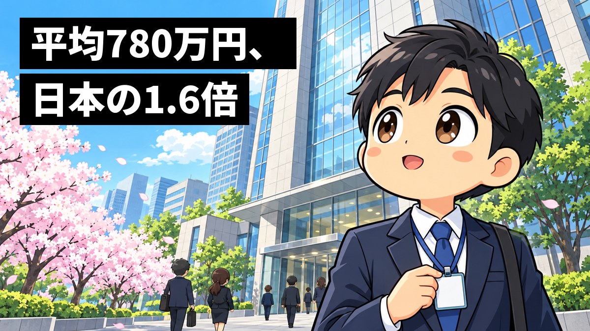 春の朝、桜の咲くオフィスビルの前で、スーツの若い男性の新入社員が、首にかけたばかりの社員証に手をそえ、ビルを見上げてワクワクしている。「平均780万円、日本の1.6倍」の文字。
