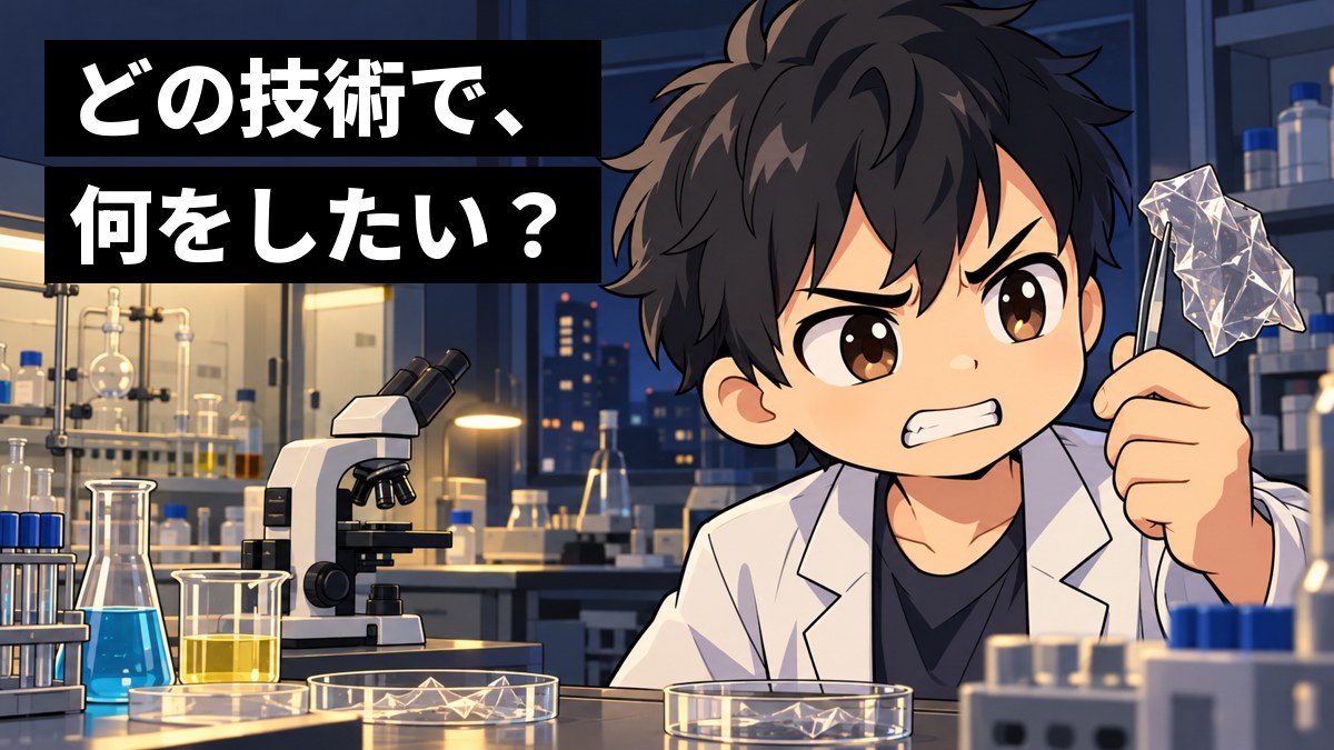 夜の大学の実験室で、白衣の男子大学院生が、うまくいかなかった薄いフィルムの試料をピンセットで持ち上げ、悔しそうに歯を食いしばっている。「どの技術で、何をしたい?」の文字。