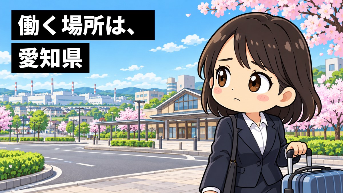 春の地方都市の駅前で、スーツ姿の新社会人の女性がスーツケースを引き、遠くの工場の町並みを少し心細そうに見つめている。「働く場所は、愛知県」の文字。