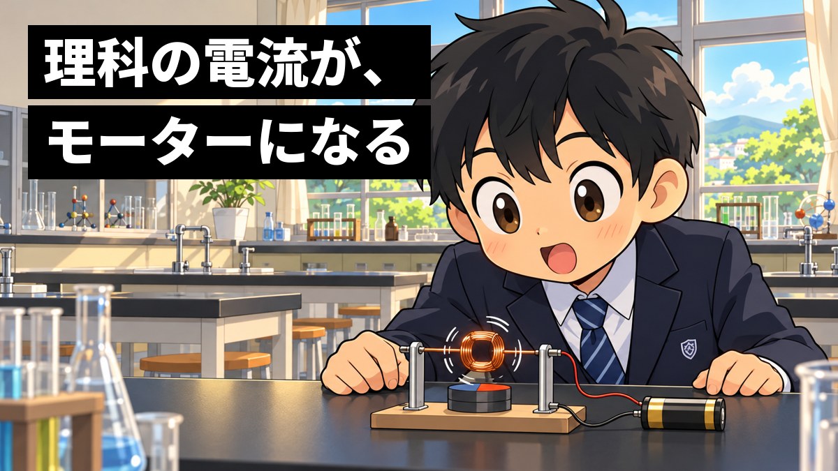 学校の理科室で、制服の男子中学生が、電池とコイルで作った手作りのモーターが回り出すのを見て、ひらめいた顔で身を乗り出している。「理科の電流が、モーターになる」の文字。