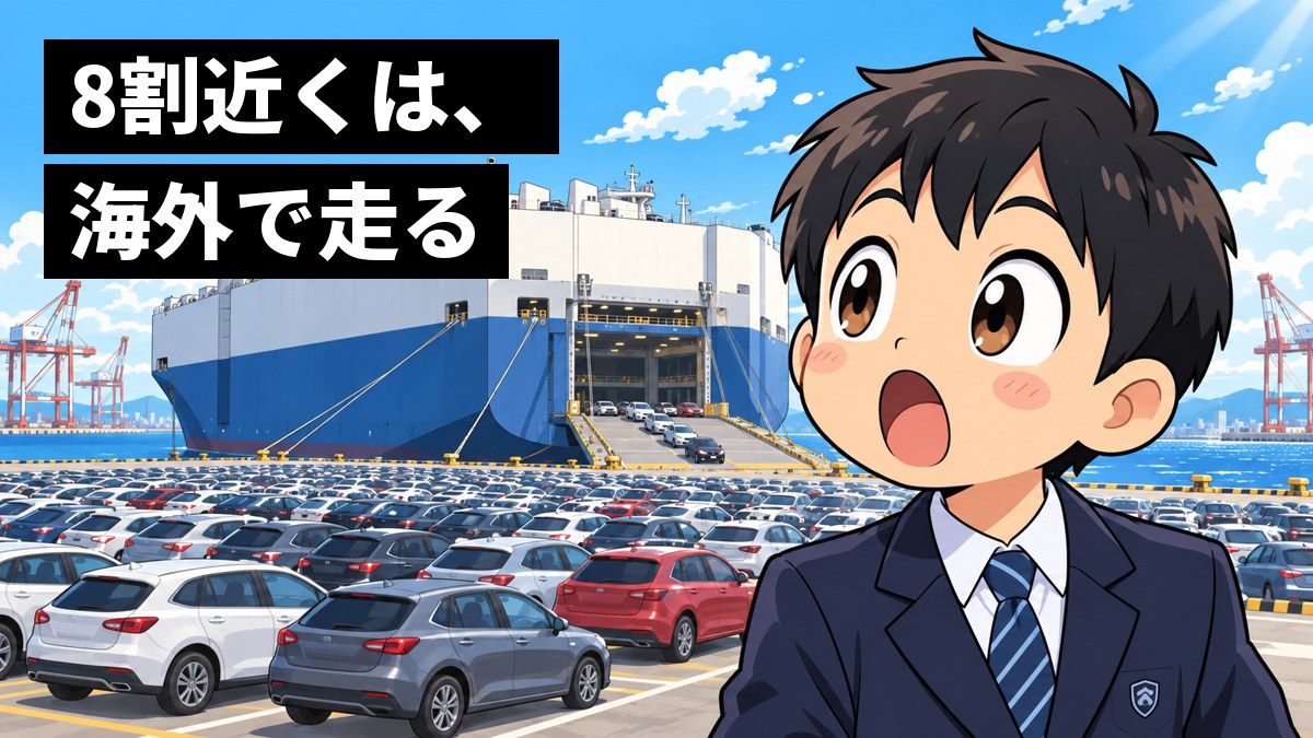 制服の男子中学生が、港の岸壁で、新しい車をたくさん積み込む大きな自動車運搬船を見上げ、目を丸くして驚いている。「8割近くは、海外で走る」の文字。