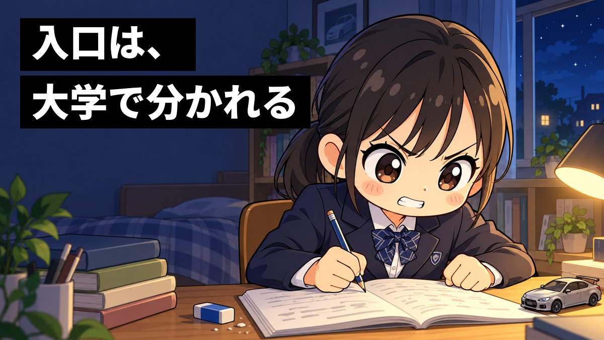 夜の自分の部屋の机で、制服の女子中学生が数学の問題集に向かい、解けない悔しさに歯を食いしばってペンを握りしめている。「入口は、大学で分かれる」の文字。