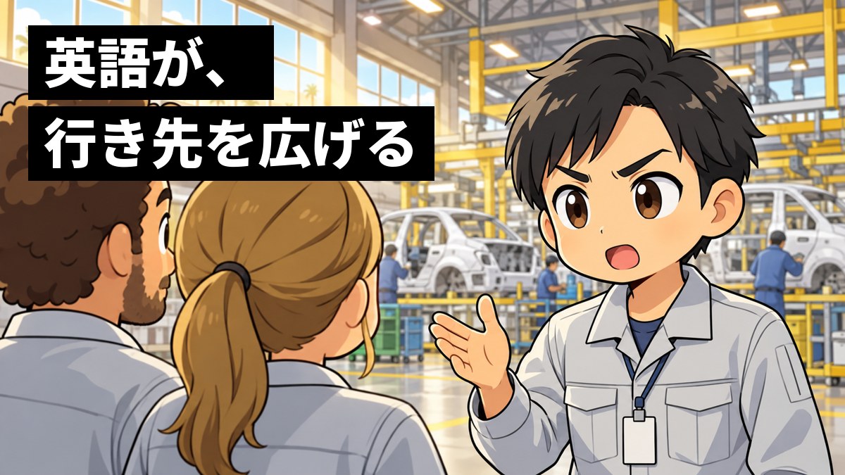 海外の自動車工場で、作業着の若い日本人の技術者が、外国人の同僚たちに眉を寄せて身ぶりを交えながら必死に説明している。「英語が、行き先を広げる」の文字。