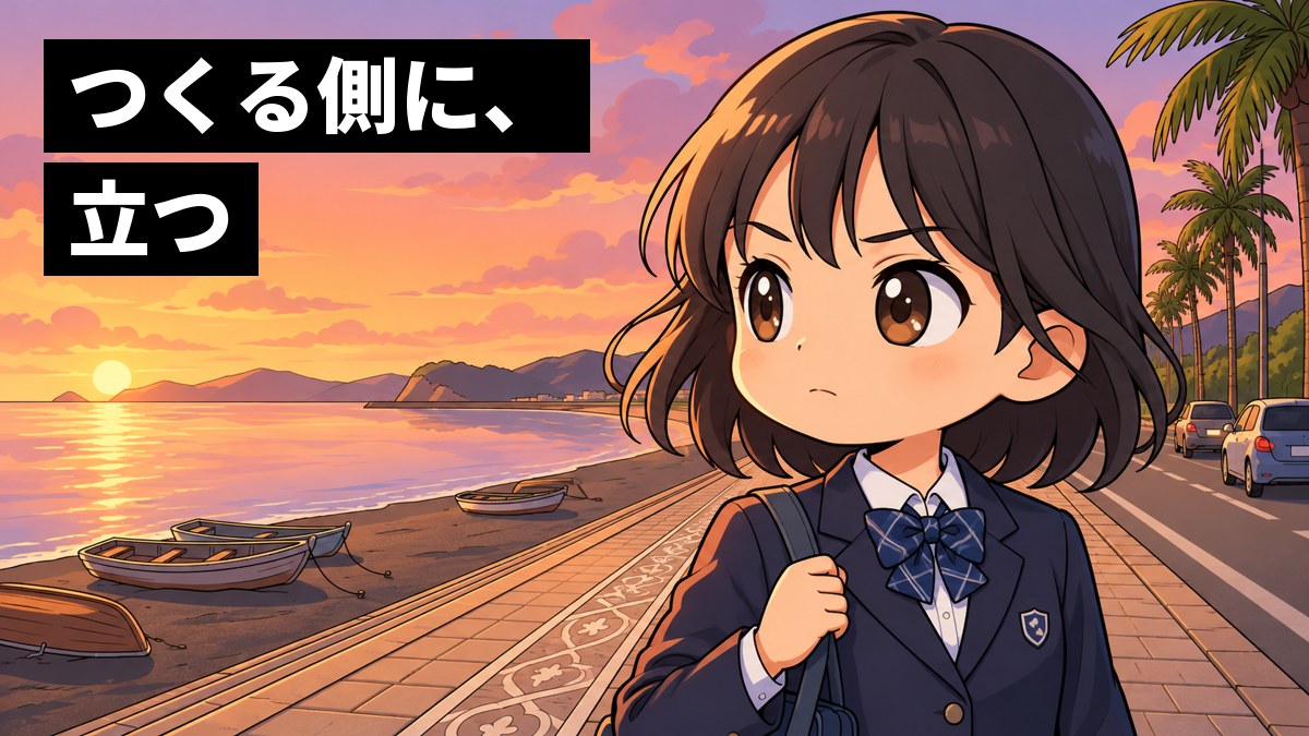館山の海沿いの遊歩道で、制服の女子中学生が道を走る車を見つめ、唇を結んでまっすぐな決意の目をしている。「つくる側に、立つ」の文字。