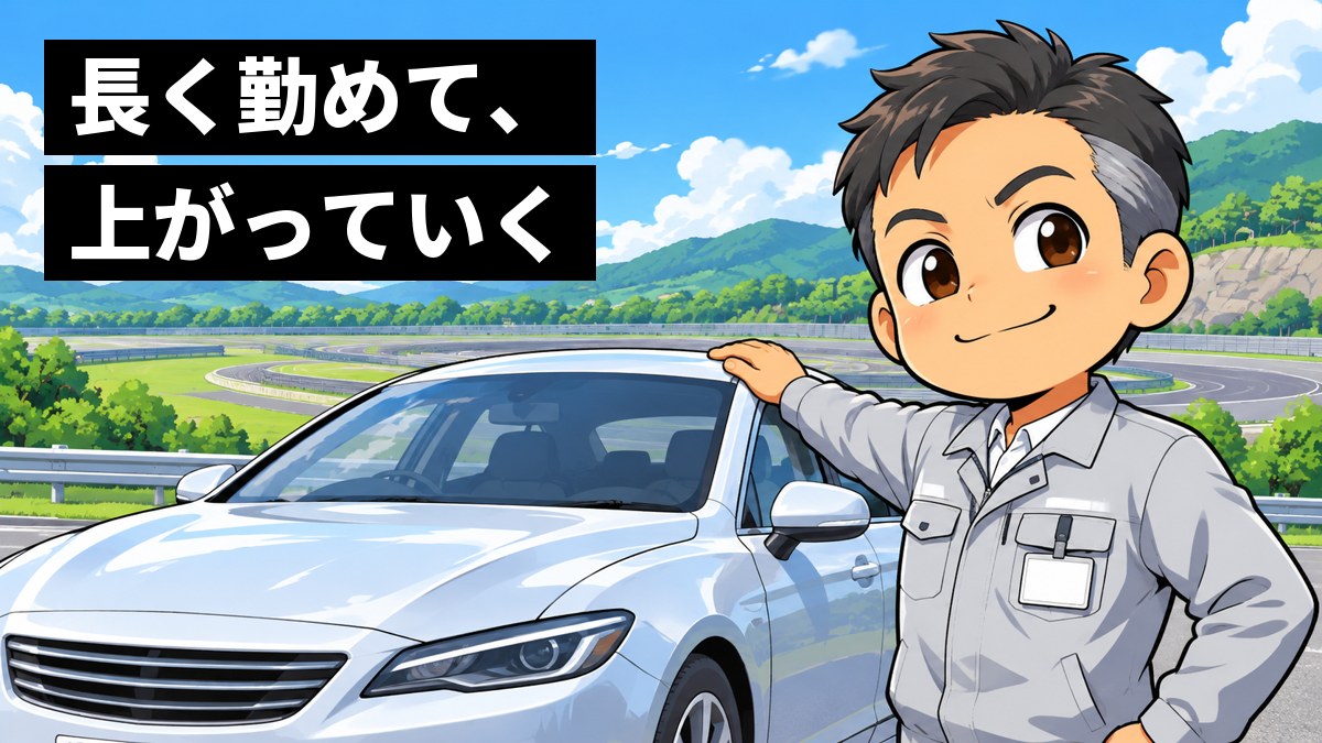 テストコースに置かれた完成したばかりの新しい車の横で、40歳くらいの技術者が胸を張って満足そうに笑っている。「長く勤めて、上がっていく」の文字。
