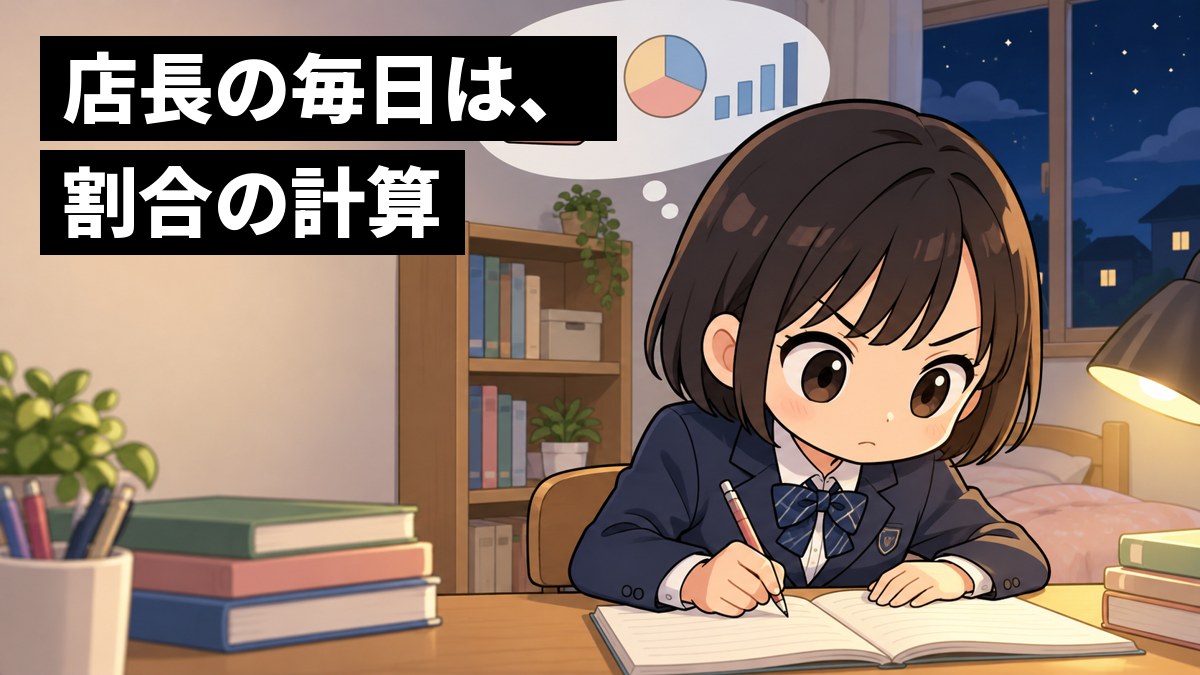 夜の自分の部屋の机で、制服の女子中学生が、数学の問題集に向かって夢中で鉛筆を走らせている。頭の上の吹き出しには、たたんだ服の山と棒グラフと円グラフが浮かんでいる。「店長の毎日は、割合の計算」の文字。