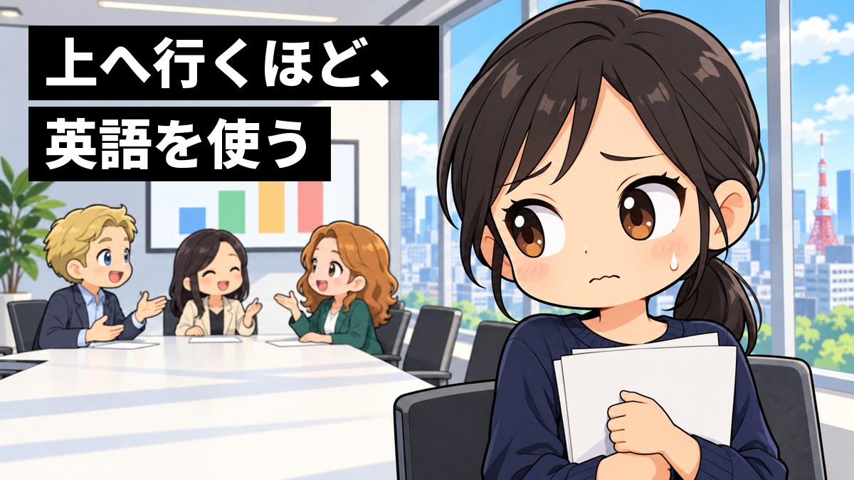 会議室で、紺の服の若い日本人の女性社員が、外国の同僚たちが英語で話し合う中、資料を握ったまま話についていけず、眉を下げて途方にくれている。「上へ行くほど、英語を使う」の文字。