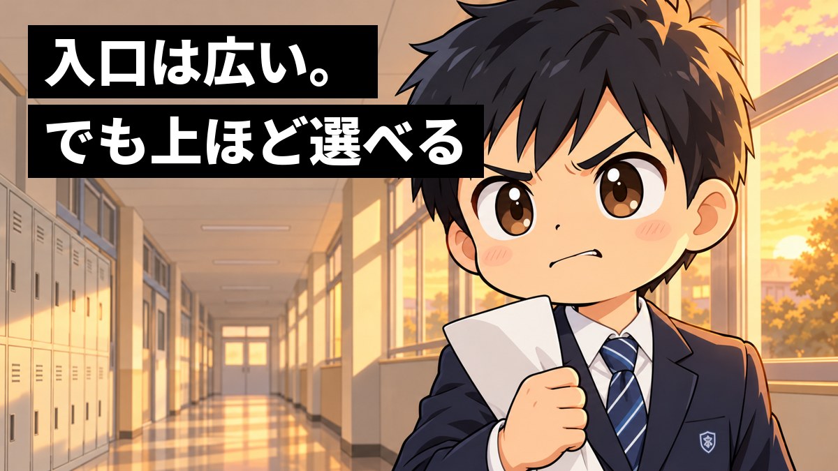 夕方の学校の廊下の窓ぎわで、制服の男子中学生が、返ってきた答案を握りしめ、次こそはと唇をかんで決意の目をしている。「入口は広い。でも上ほど選べる」の文字。