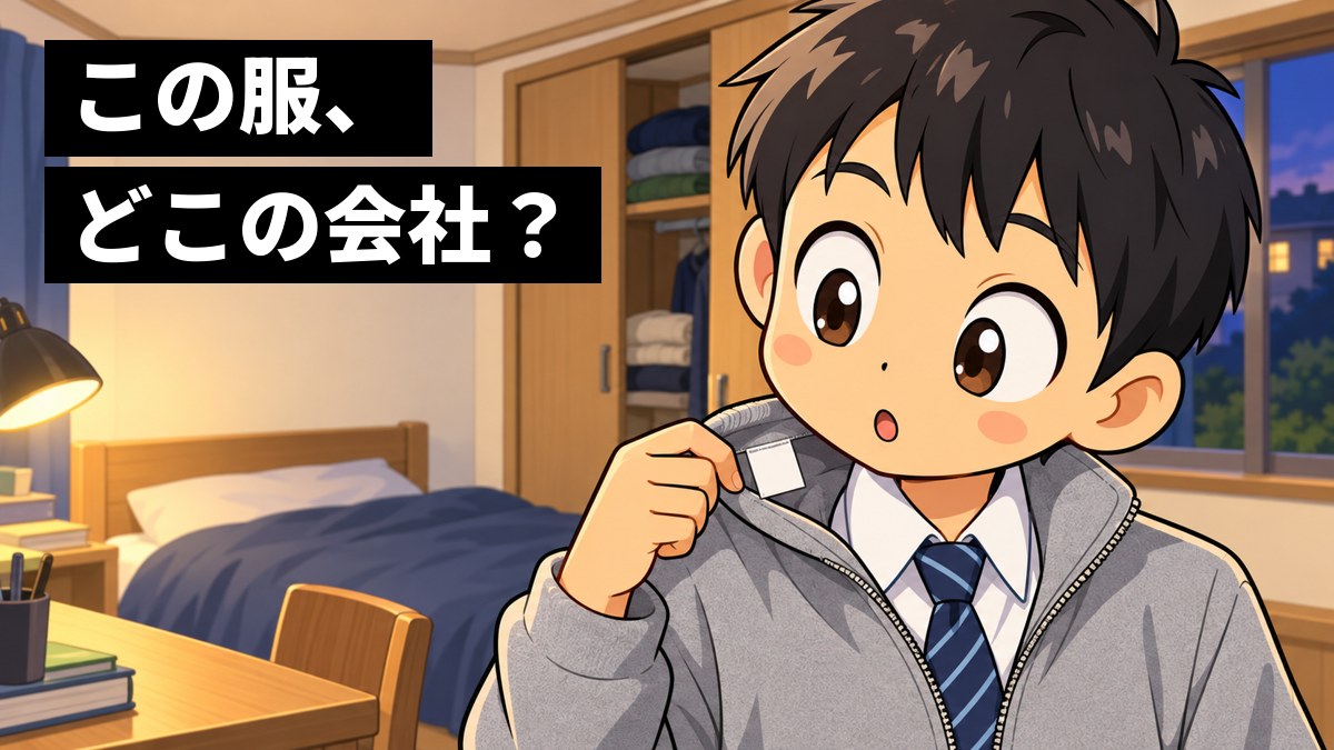 家の部屋で、制服の上に無地のフリースを着た男子中学生が、首の後ろのタグを引っぱって見ながら、目を丸くして驚いている。「この服、どこの会社?」の文字。