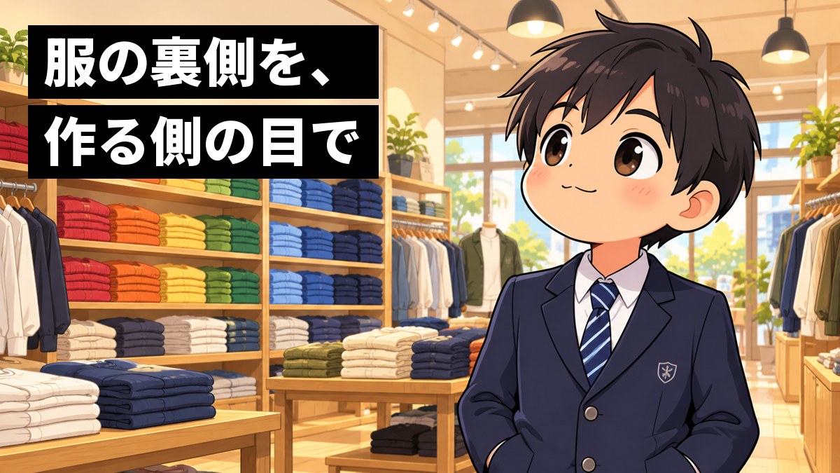 休日の服の店で、制服の男子中学生が、色とりどりにたたまれた服の棚を見上げ、満足そうに目を細めて大きく息をついている。「服の裏側を、作る側の目で」の文字。