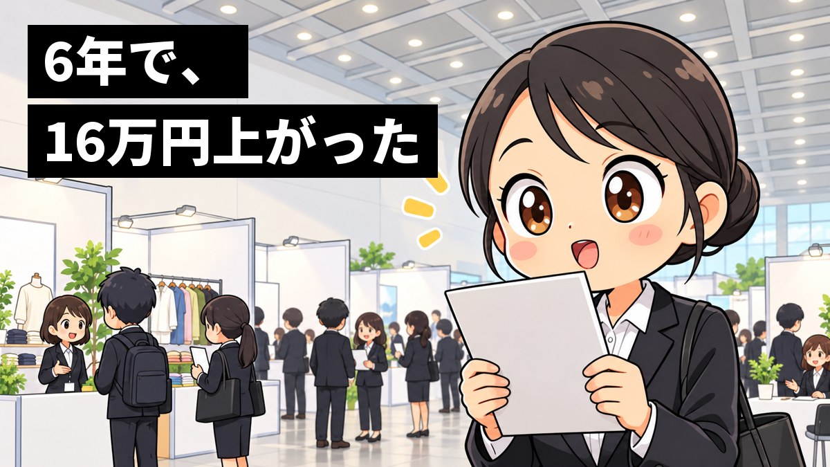 大きな就職説明会の会場で、リクルートスーツの女子大学生が、配られた資料を両手で持ち、目を見開いて身を乗り出している。「6年で、16万円上がった」の文字。