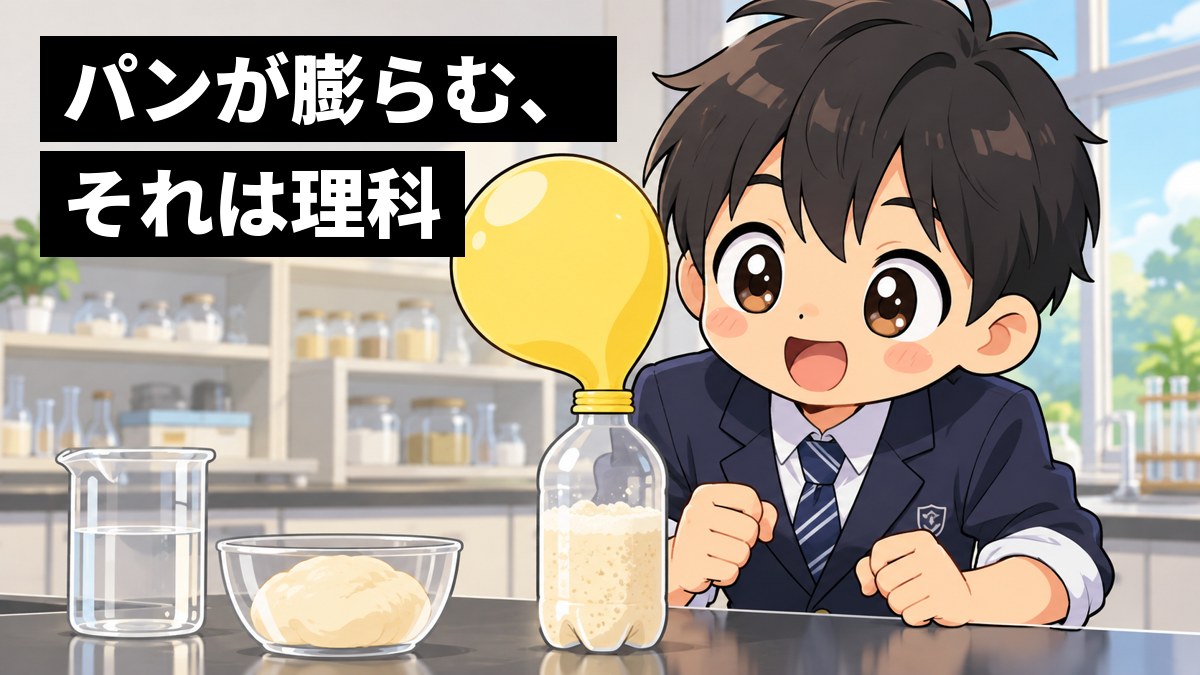 中学校の理科室で、制服の男子中学生が、ペットボトルの口にかぶせた風船が酵母の力で膨らんでいくのを、身を乗り出して目を輝かせながら見ている。「パンが膨らむ、それは理科」の文字。