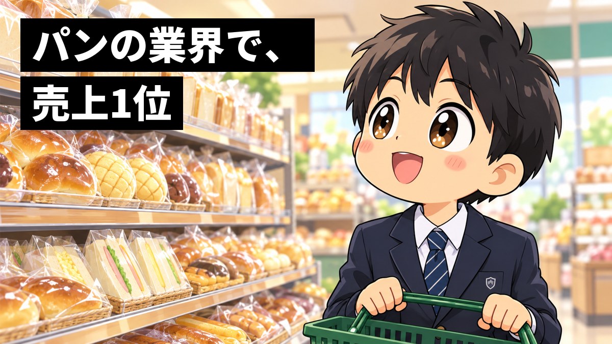 朝のスーパーのパン売場で、制服の男子中学生が、ずらりと並んだ袋入りのパンの棚を目を丸くしてわくわくしながら見上げている。「パンの業界で、売上1位」の文字。