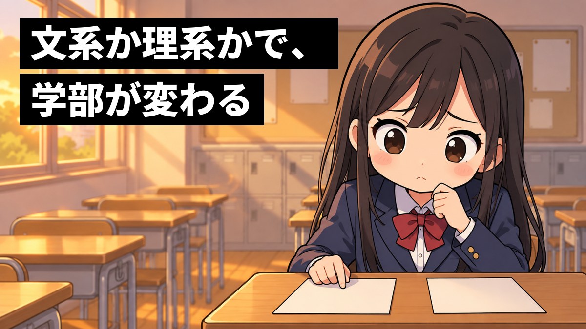夕方の高校の教室で、ブレザーの女子高校生が、机の上の2枚の白い紙を見比べて、どちらを選ぶか迷い、途方にくれた顔をしている。「文系か理系かで、学部が変わる」の文字。