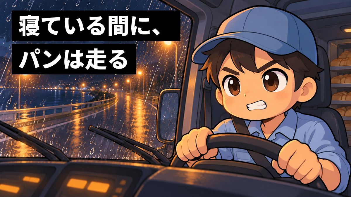 雨の降る真夜中の道を走る配送トラックの運転席で、作業服の若い男性ドライバーが、歯を食いしばってまっすぐ前を見ている。窓の外には街灯の光がにじむ。「寝ている間に、パンは走る」の文字。