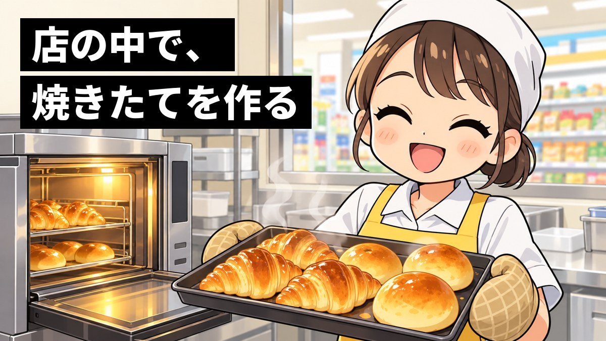 コンビニの店の奥の小さなキッチンで、エプロン姿の若い女性店員が、オーブンから出したばかりの焼きたてのパンの天板を持って、うれしそうに笑っている。「店の中で、焼きたてを作る」の文字。