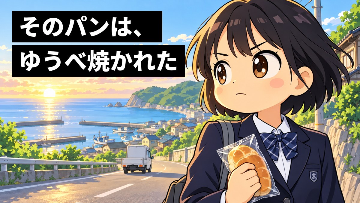朝日の差す海ぞいの道で、制服の女子中学生が、袋入りのパンを片手に握りしめ、遠くを走る配送トラックを見送りながら、きりっと口を結んだ決意の顔をしている。「そのパンは、ゆうべ焼かれた」の文字。