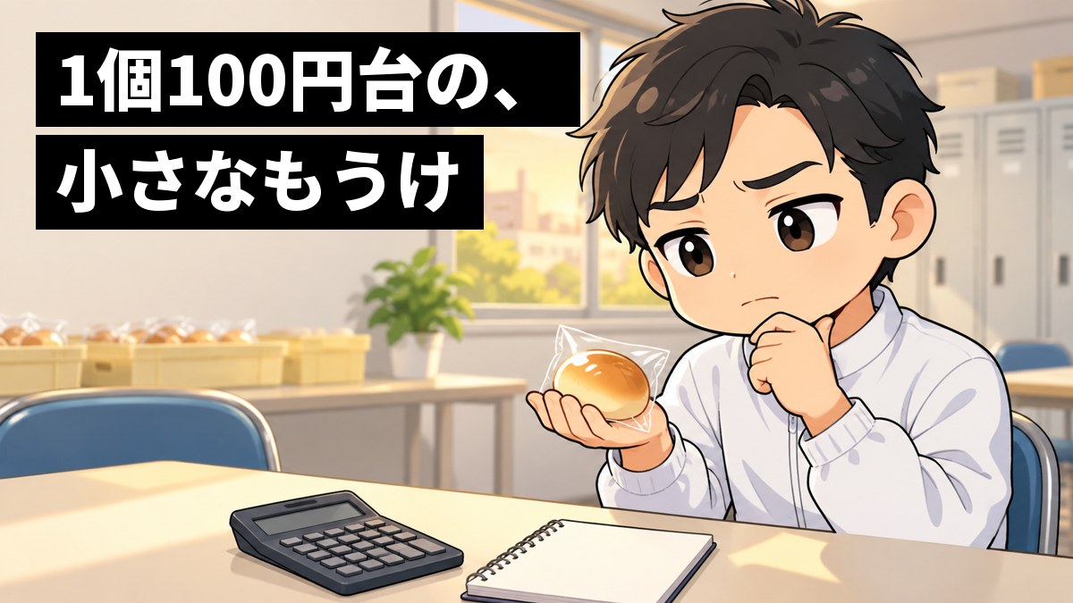 会社の休憩室で、作業着の若い男性社員が、手のひらに載せた小さな袋入りのパンを見つめて、眉を下げて考え込んでいる。テーブルには電卓とメモ。「1個100円台の、小さなもうけ」の文字。