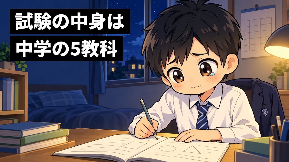 夜の自分の部屋の机で、制服の男子中学生が解けない問題に涙ぐみながらも、鉛筆を握って書き続けている。「試験の中身は中学の5教科」の文字。
