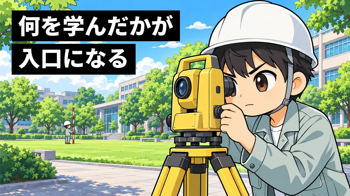大学のキャンパスで、ヘルメットをかぶった男子大学生が三脚の測量機をのぞきこみ、口を固く結んで真剣に集中している。「何を学んだかが入口になる」の文字。