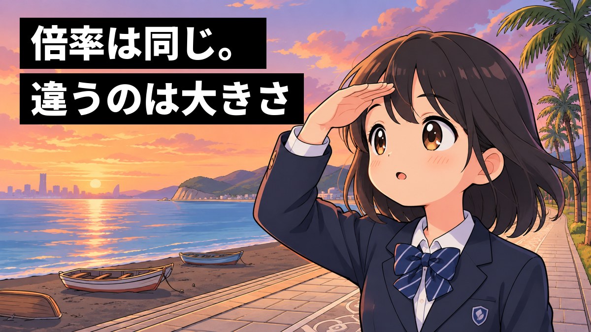 館山の海辺の遊歩道で、制服の女子中学生が海の向こうを眺めて、目を輝かせている。「倍率は同じ。違うのは大きさ」の文字。