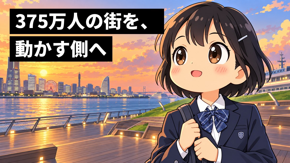 夕方の港の大きな桟橋の木の床の上で、制服の女子中学生が港の街を見渡して、胸をふくらませてわくわくしている。「375万人の街を、動かす側へ」の文字。
