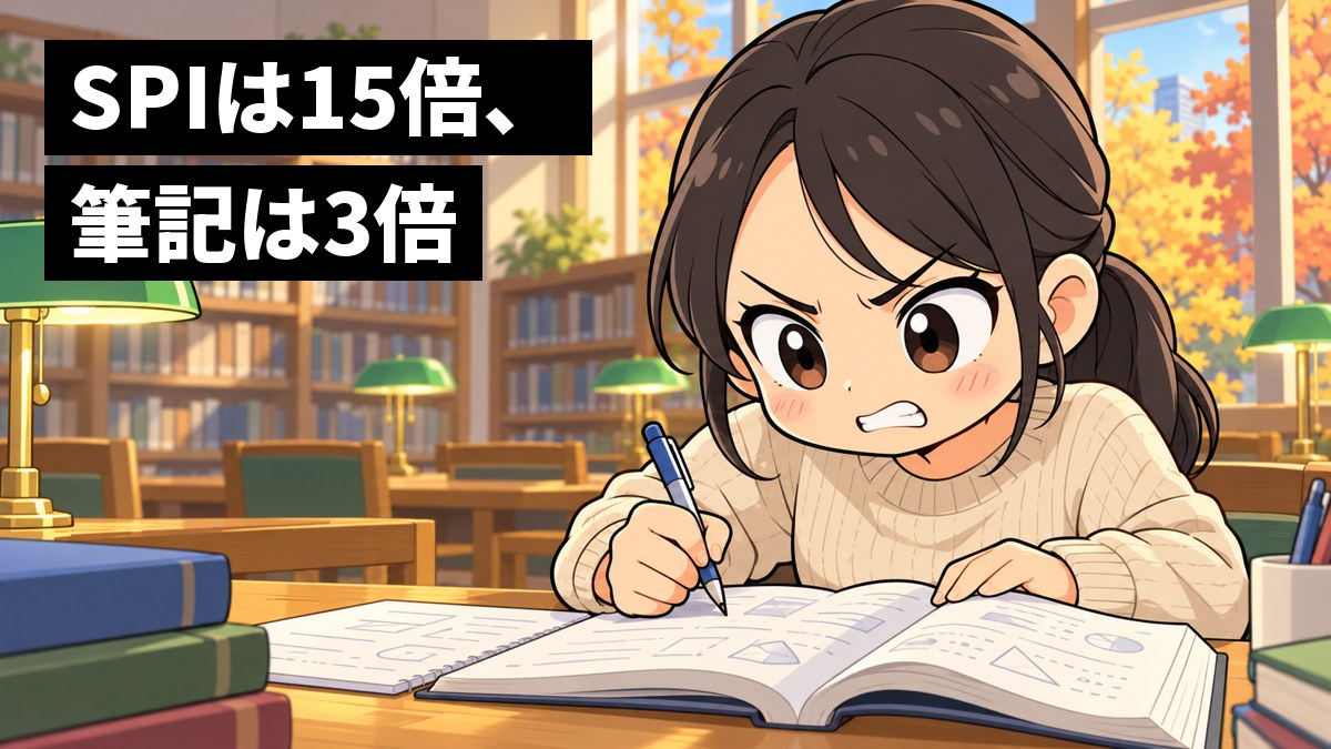 大学の図書館の机で、女子大学生が分厚い問題集を前に、悔しそうに歯を食いしばってペンを握っている。「SPIは15倍、筆記は3倍」の文字。
