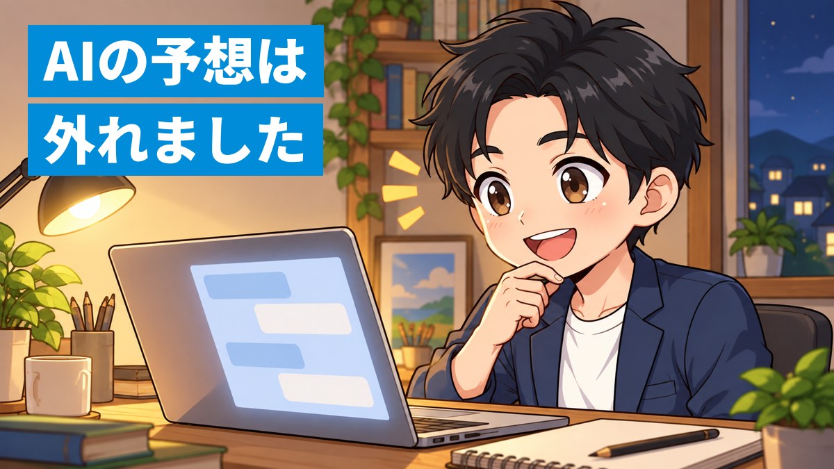 夜、自宅の机でノートパソコンに向かい、画面のチャットのやりとりを見ながら思わず笑ってしまう大人の塾長。「AIの予想は 外れました」の文字。