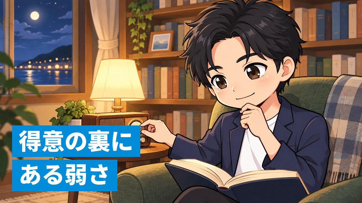 夜、書斎の椅子で本を開いたまま片手で古いラジオのつまみに触れ、少し考え込む表情の大人の塾長。まわりに本棚。「得意の裏に ある弱さ」の文字。