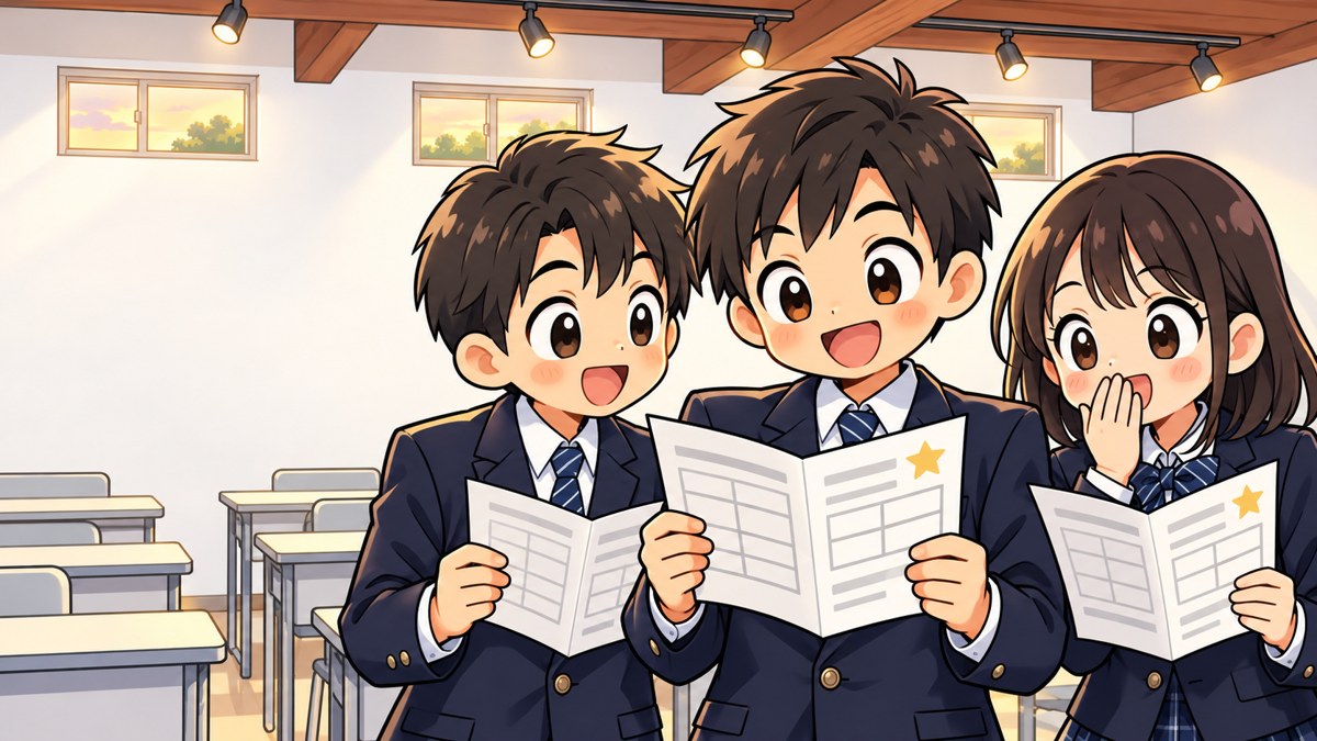 塾の教室で、館山中の制服の中学3年生3人が返ってきた全国統一中学生テストの成績表を見せ合い、思った以上の結果に驚きながら喜んでいるイラスト。