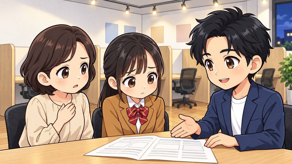 塾の面談の机で、志学館中の制服の中学1年生の女子と母親が全国統一中学生テストの成績表を前に、偏差値の低さにしょんぼりしながら塾長の説明を聞いているイラスト。
