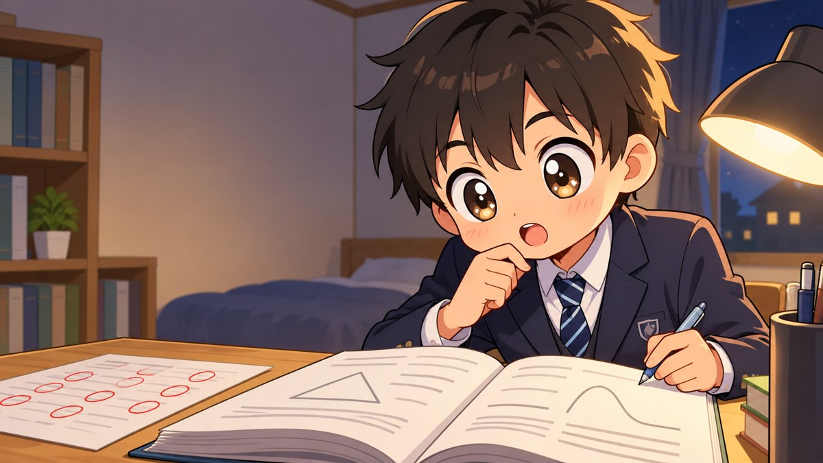 自分の部屋の机で、館山中の制服の中学2年生の男子が丸の多い定期テストの答案を横に置き、全国統一中学生テストの初めて見る難しい問題をのぞき込んで目を輝かせているイラスト。