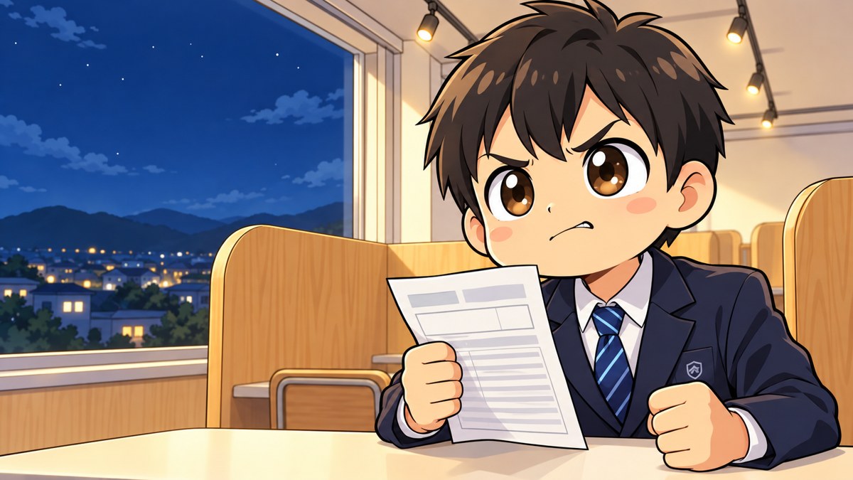 夜の塾の自習ブースで、館山中の制服の中学3年生の男子が全国統一中学生テストの成績表を握りしめ、悔しさをこらえて次こそ全国の上位に入ると決意した顔をしているイラスト。